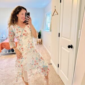 NWT Reba White Pink Blue Floral Embroidered Desert Maxi Dress Small